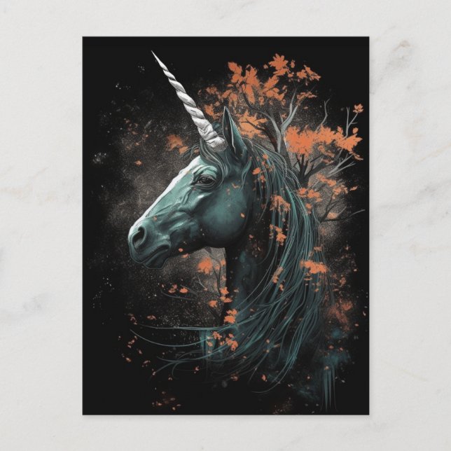 Black Autumn Unicorn Postcard (Front)