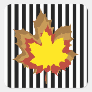 Black Autumnal Stripes with Leaves Square Sticker