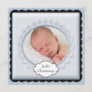 Black Baby Blue Boys Photo Christening Invitations