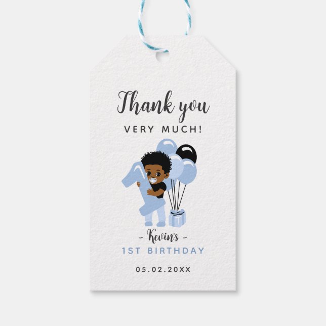 Black Baby Boy 1st Birthday Thank You Tag (Back)
