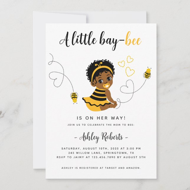 Black Baby Girl Bee Baby Shower Invitation (Front)