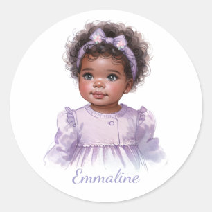 Black Baby Girl in Purple Watercolor Portrait Classic Round Sticker