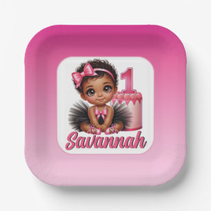 Black Baby Girl Pink Ballerina 1st Birthday Paper Plate