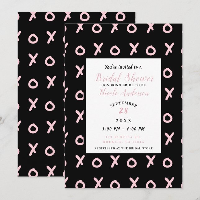 Black & Baby Pink X O XO XO's Trendy Bridal Shower Invitation (Front/Back)