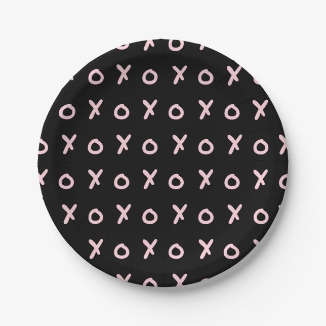 Black & Baby Pink X O XO XO's Trendy Cute Paper Plate (Front)