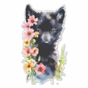 Black Baby Wolf cub watercolor art painting