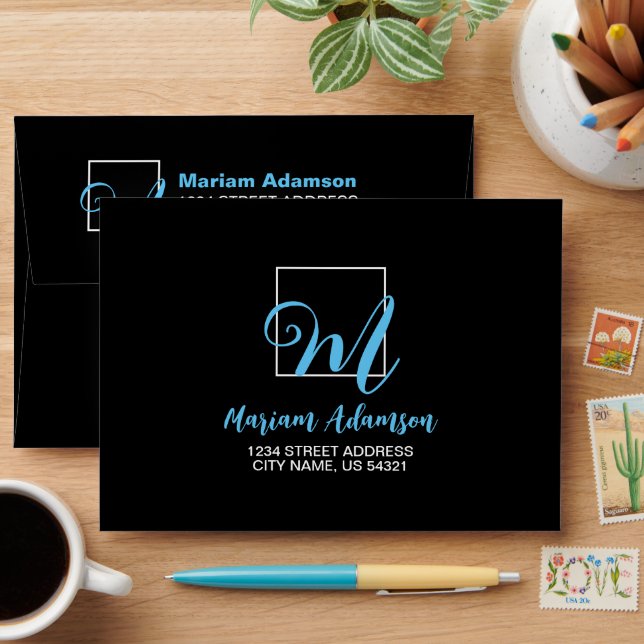 Black Back & Front Name Monogram Return Address On Envelope (Desk)