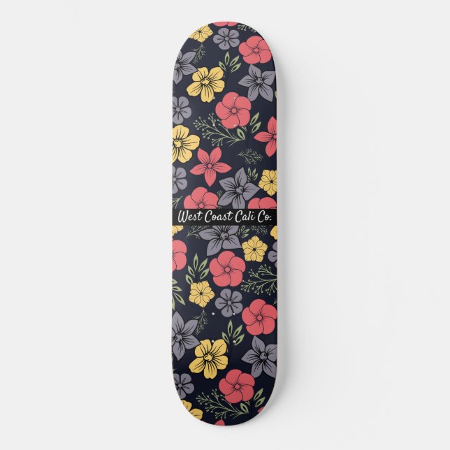 Black background and Colourful Flowers Skateboard (Front)