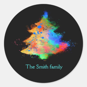 Black background and watercolors and Christmas tre Classic Round Sticker