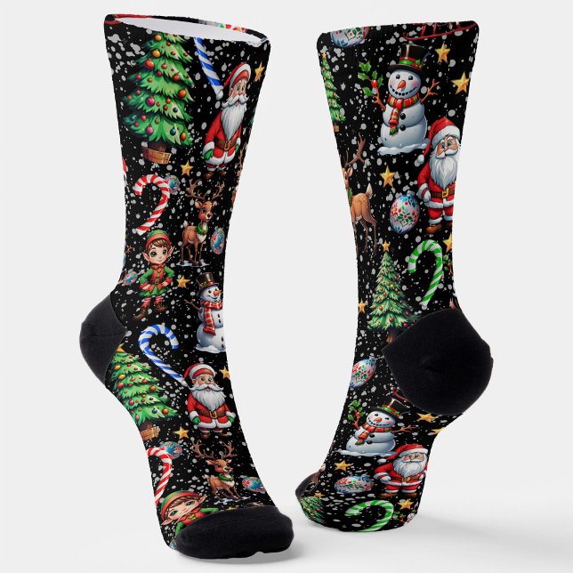 Black Background Christmas Decorative Pattern Socks (Creator Uploaded)