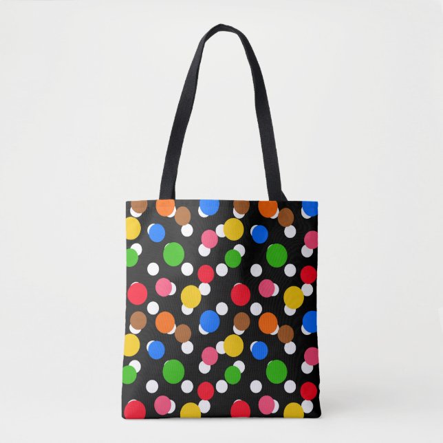 Black Background Colourful Polka Dots Tote Bag (Front)