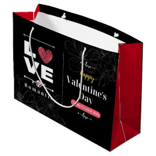 Black Background Feminine Happy Valentine's Day Large Gift Bag
