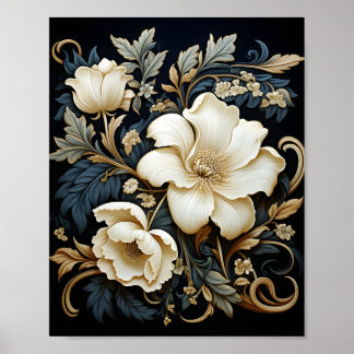 Black Background Floral Pattern Beautiful Flowers Poster