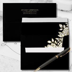 Black Background Gold White Floral Return Address Envelope