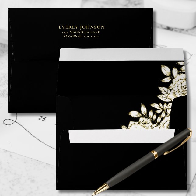 Black Background Gold White Floral Return Address Envelope (Creator Uploaded)