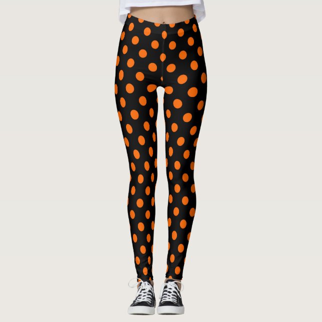 Black Background Orange Polka Dots Leggings (Front)