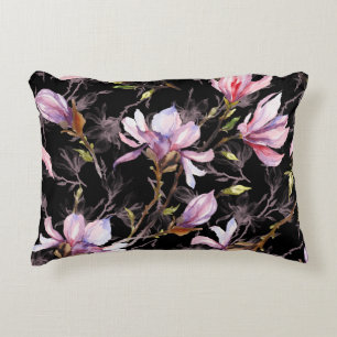 Black Background Pink Magnolia Watercolor Decorative Cushion