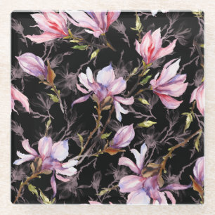 Black Background Pink Magnolia Watercolor Glass Coaster