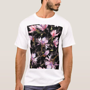 Black Background Pink Magnolia Watercolor T-Shirt