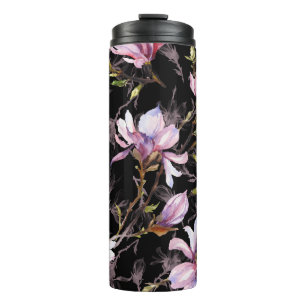 Black Background Pink Magnolia Watercolor Thermal Tumbler