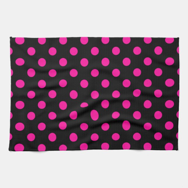 Black Background Pink Polka Dots Tea Towel (Horizontal)
