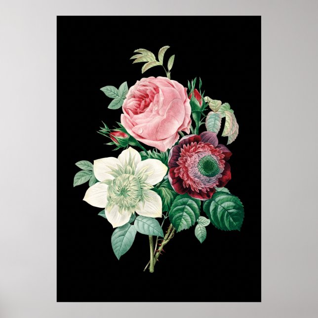 Black background roses bouquet of Redoute print (Front)