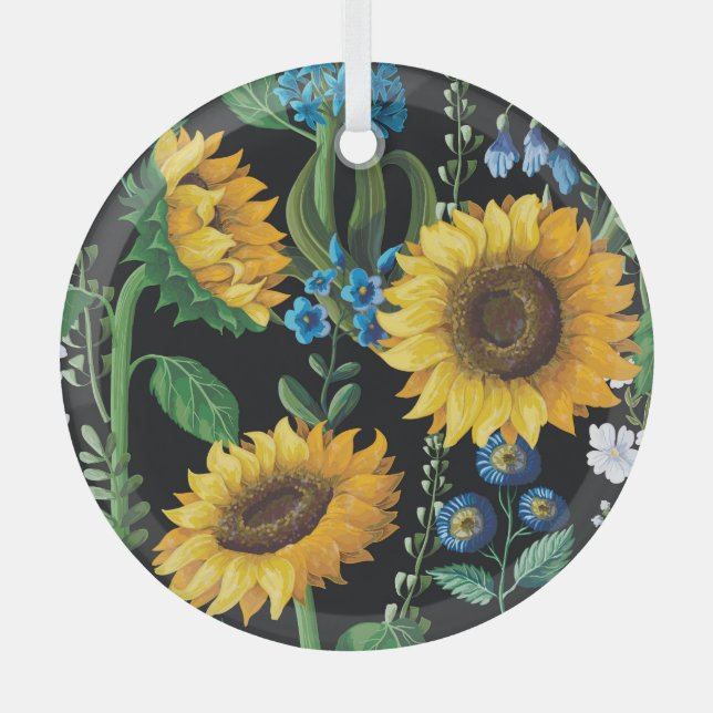 Black Background Sunflower Pattern Glass Tree Decoration (Front)