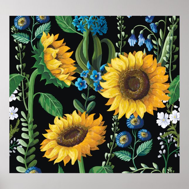 Black Background Sunflower Pattern Poster (Front)