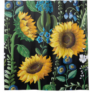 Black Background Sunflower Pattern Shower Curtain