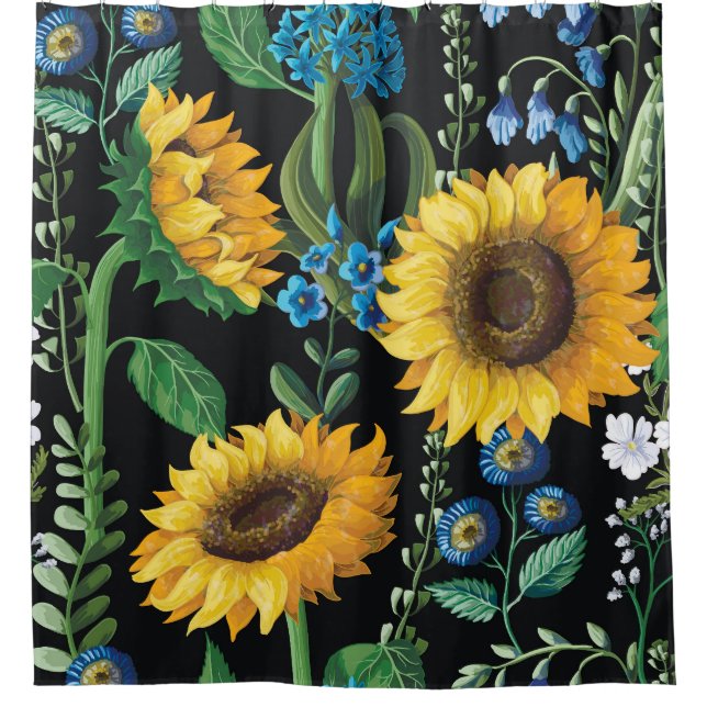 Black Background Sunflower Pattern Shower Curtain (Front)