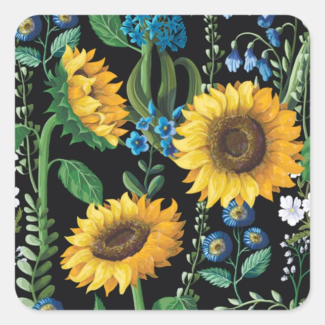 Black Background Sunflower Pattern Square Sticker (Front)