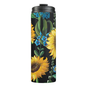 Black Background Sunflower Pattern Thermal Tumbler