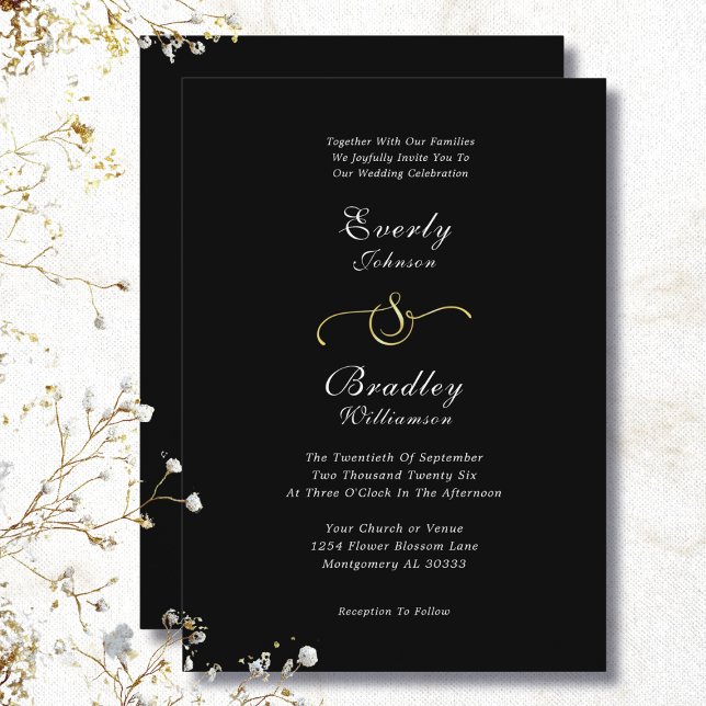 Black Background White Gold Minimal Chic Wedding Invitation (Creator Uploaded)