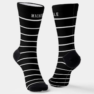 Black Background White Line Striped Custom Name  Socks