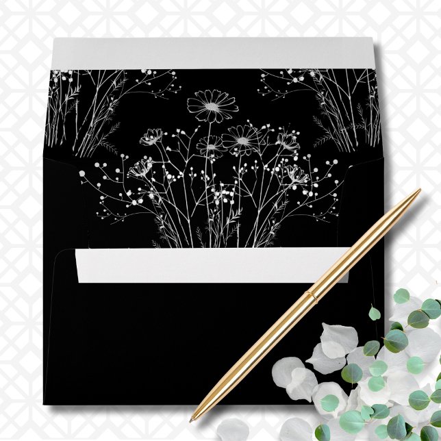 Black Background White Simple Floral Wedding  Envelope (Creator Uploaded)