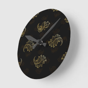 Black background with a repeating ornate gold leaf round clock