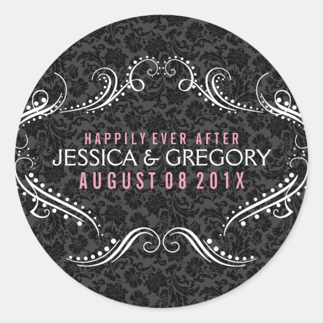 Black Background With White Floral Frame Classic Round Sticker (Front)