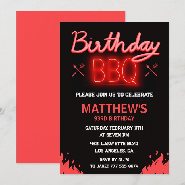 Black backyard bbq 93rd birthday invitation (Front/Back)