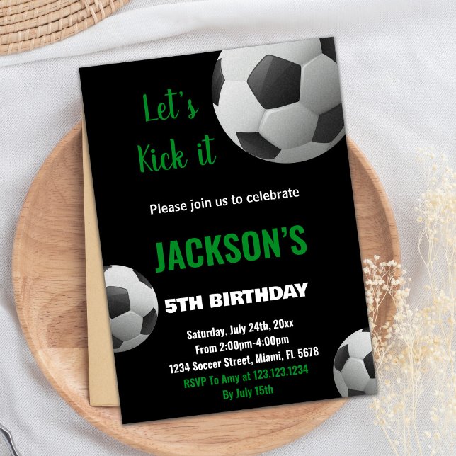 Black Ball Green Text Soccer Invitation (Black Ball Green Text Soccer Invitation)