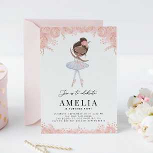 Black Ballerina in White Dress Floral Birthday Invitation