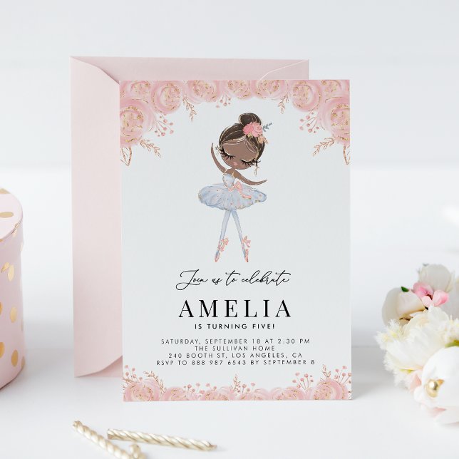 Black Ballerina in White Dress Floral Birthday Invitation (Creator Uploaded)