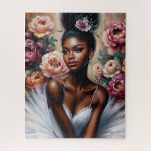 Black Ballerina In White Tutu With Peonies Art