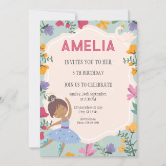 Black Ballerina Princess Floral Girl Birthday Invitation