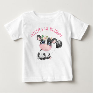 Black Balloon Cute Cow First Birthday Baby T-Shirt
