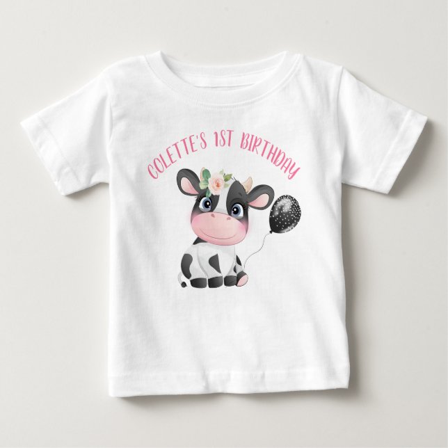 Black Balloon Cute Cow First Birthday Baby T-Shirt (Front)