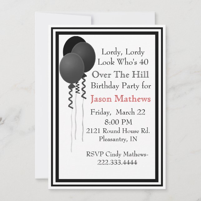 Black Balloons Over the Hill Birthday Invitation (Front)