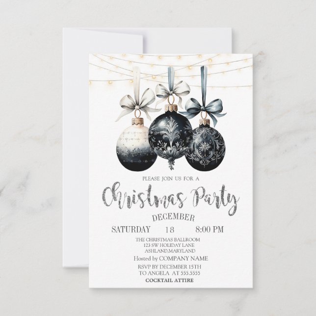 Black Balls,Lights,Buffalo Plaid Christmas Party Invitation (Front)