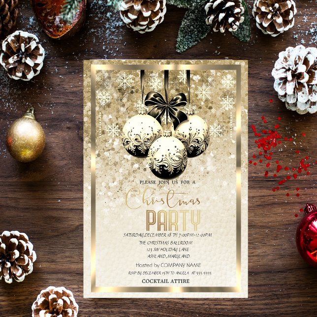 Black Balls Snowflakes Gold Company Christmas  Invitation (Creator Uploaded)