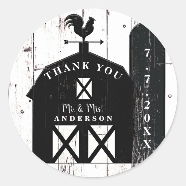 Black Barn White Wood Rustic Farmhouse Wedding Classic Round Sticker (Front)