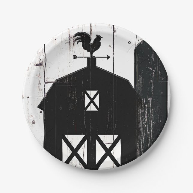 Black Barn White Wood Rustic Farmhouse Wedding Paper Plate (Front)